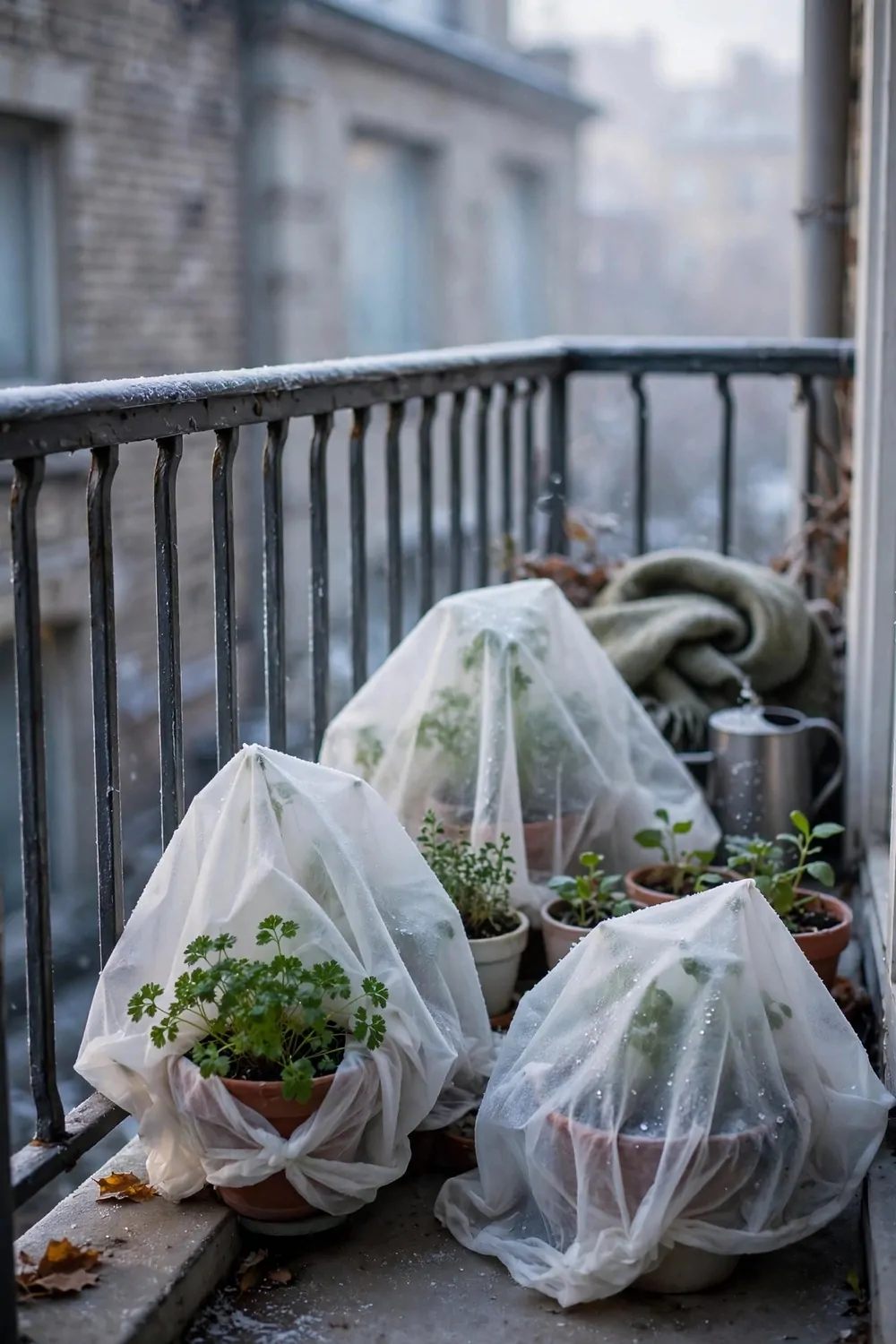 Small green plants in pots on a balcony in cold weather, covered with a light cloth