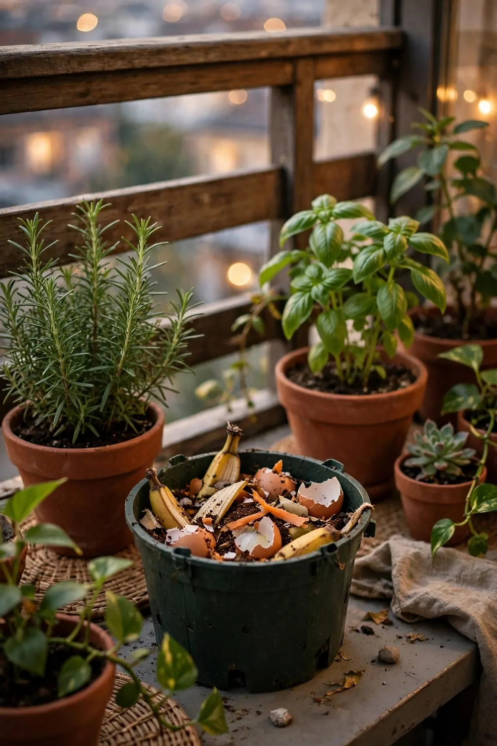 A small compost pot with kitchen scraps on a balcony, green plants nearby, warm light