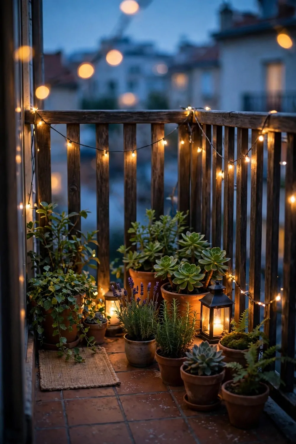 A tiny balcony garden at dusk, warm lights glowing, plants in pots, calm evening