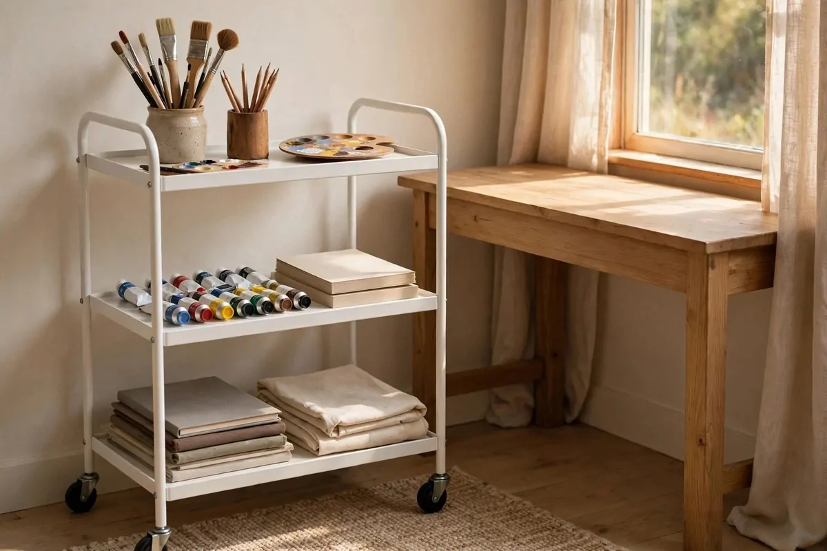 Three-tier rolling cart with paints and brushes beside a Bedroom Art Studio Ideas desk