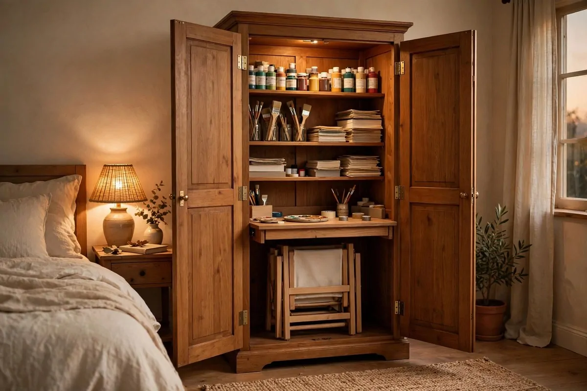 Slim rolling easel with a half-finished canvas in a Bedroom Art Studio Ideas setup