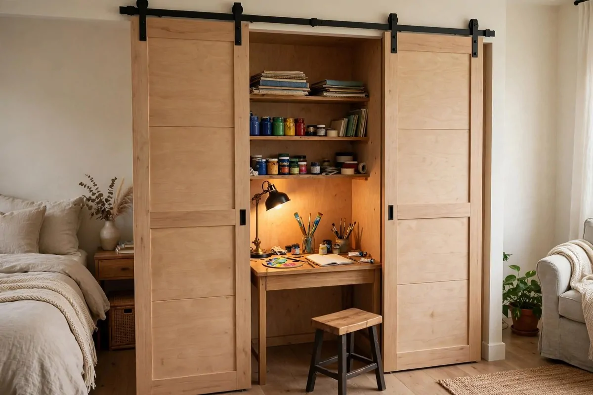 Wooden craft armoire hiding a full Bedroom Art Studio Ideas behind closed doors