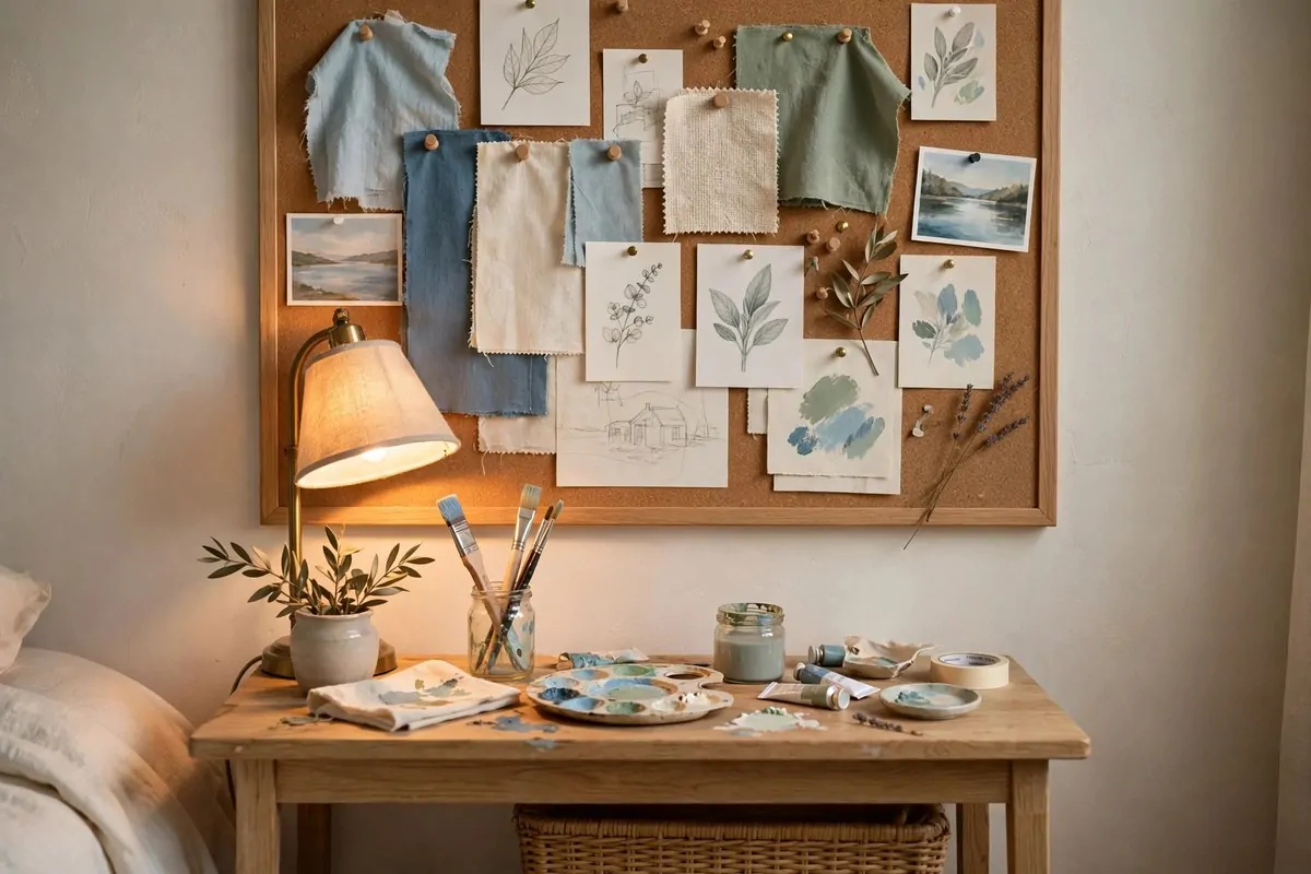 Canvases stored flat under a raised bed in a tidy Bedroom Art Studio Ideas bedroom