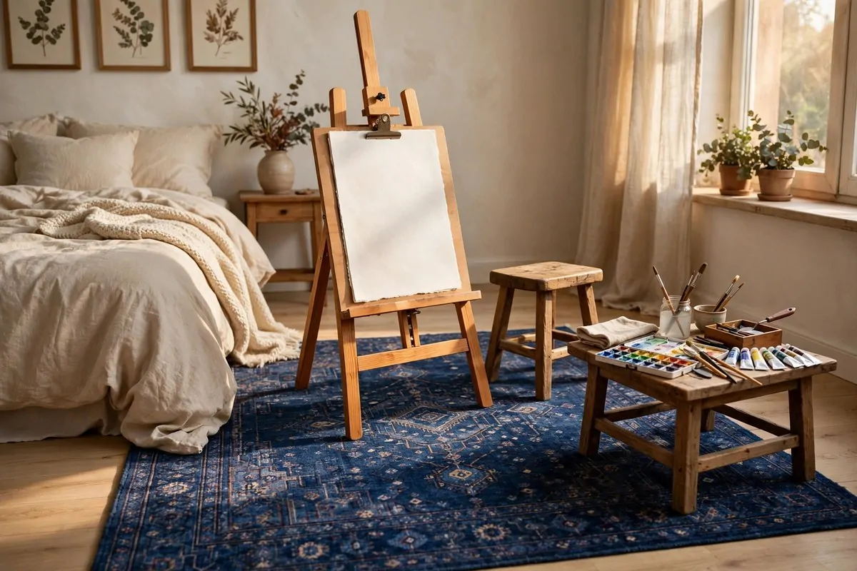 Washable rug marking the art zone in a Bedroom Art Studio Ideas bedroom corner