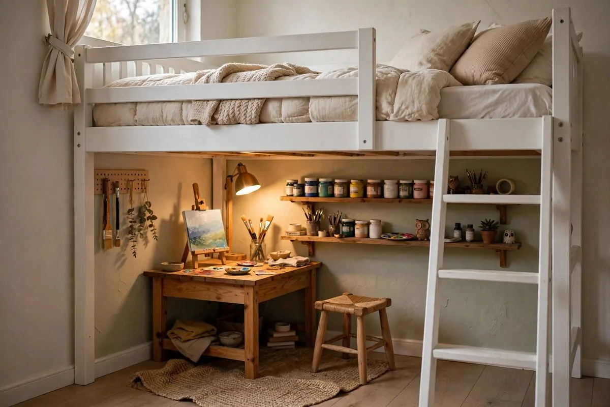 Folding drying rack with wet paintings in a Bedroom Art Studio Ideas bedroom
