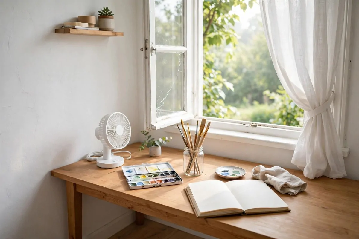 Steel curtain wire displaying small artworks in a Bedroom Art Studio Ideas bedroom