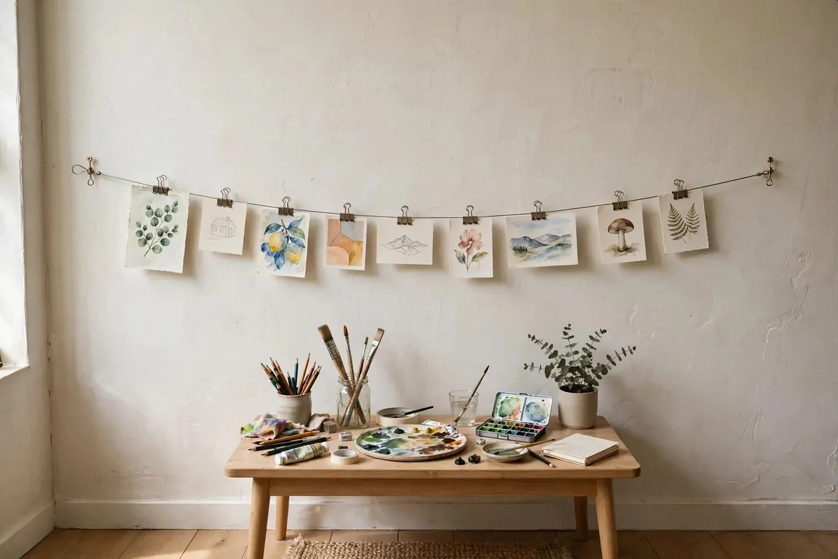 Cracked bedroom window with a small fan and watercolor supplies for a safe Bedroom Art Studio Ideas setup