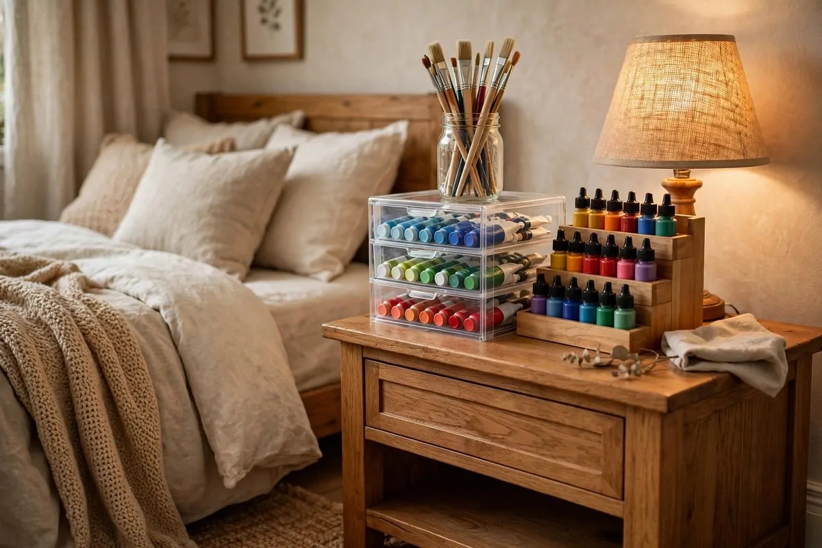 Nightstand with clear paint storage drawers in a Bedroom Art Studio Ideas bedroom