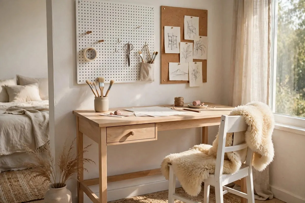 Vertical wall-mounted wooden rack holding canvases in a Bedroom Art Studio Ideas bedroom