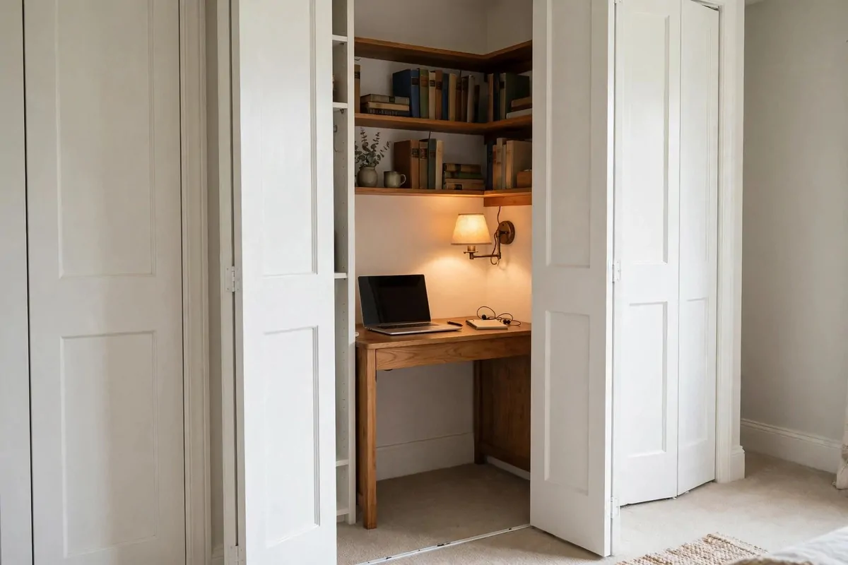 19 Bedroom Closet Office Ideas That Hide Away in Seconds 1 White bifold closet doors half open revealing a small wooden desk office inside a bedroom closet