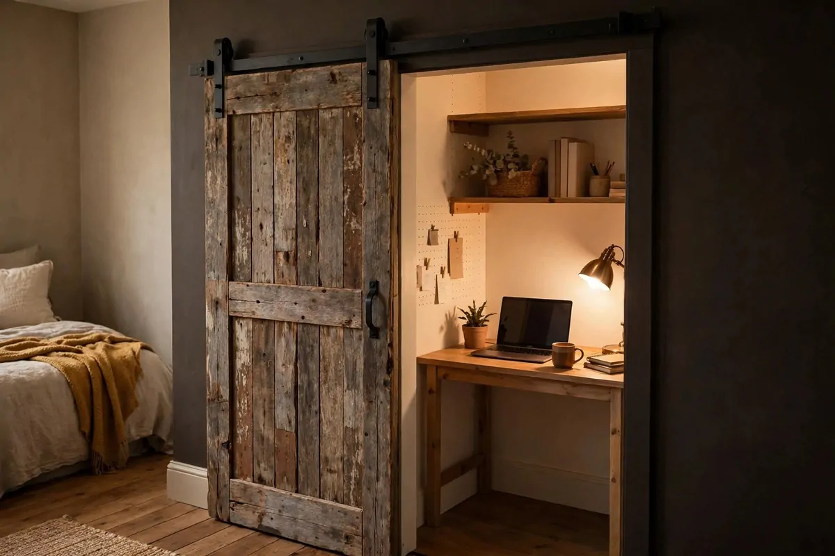 19 Bedroom Closet Office Ideas That Hide Away in Seconds 2 Rustic wood sliding barn door on a black metal track hiding a home office desk inside a closet