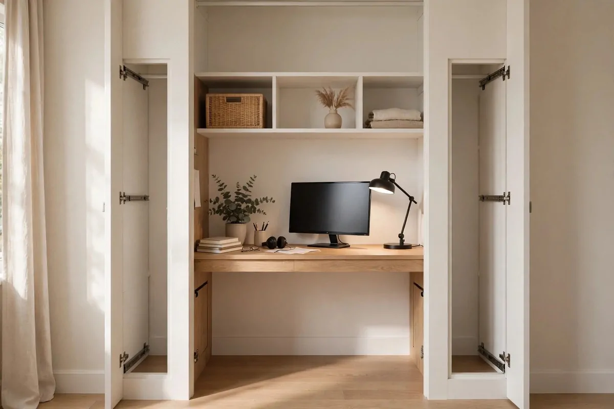 19 Bedroom Closet Office Ideas That Hide Away in Seconds 3 Bedroom closet with open pocket doors recessed into the wall revealing a bright desk workspace inside