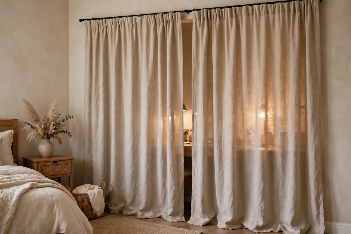 19 Bedroom Closet Office Ideas That Hide Away in Seconds 4 Beige linen curtains on a tension rod pulled closed over a bedroom closet hiding a desk office