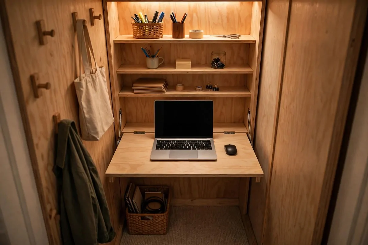 19 Bedroom Closet Office Ideas That Hide Away in Seconds 5 Wall-mounted fold-down desk folded open inside a narrow bedroom closet with shelves above