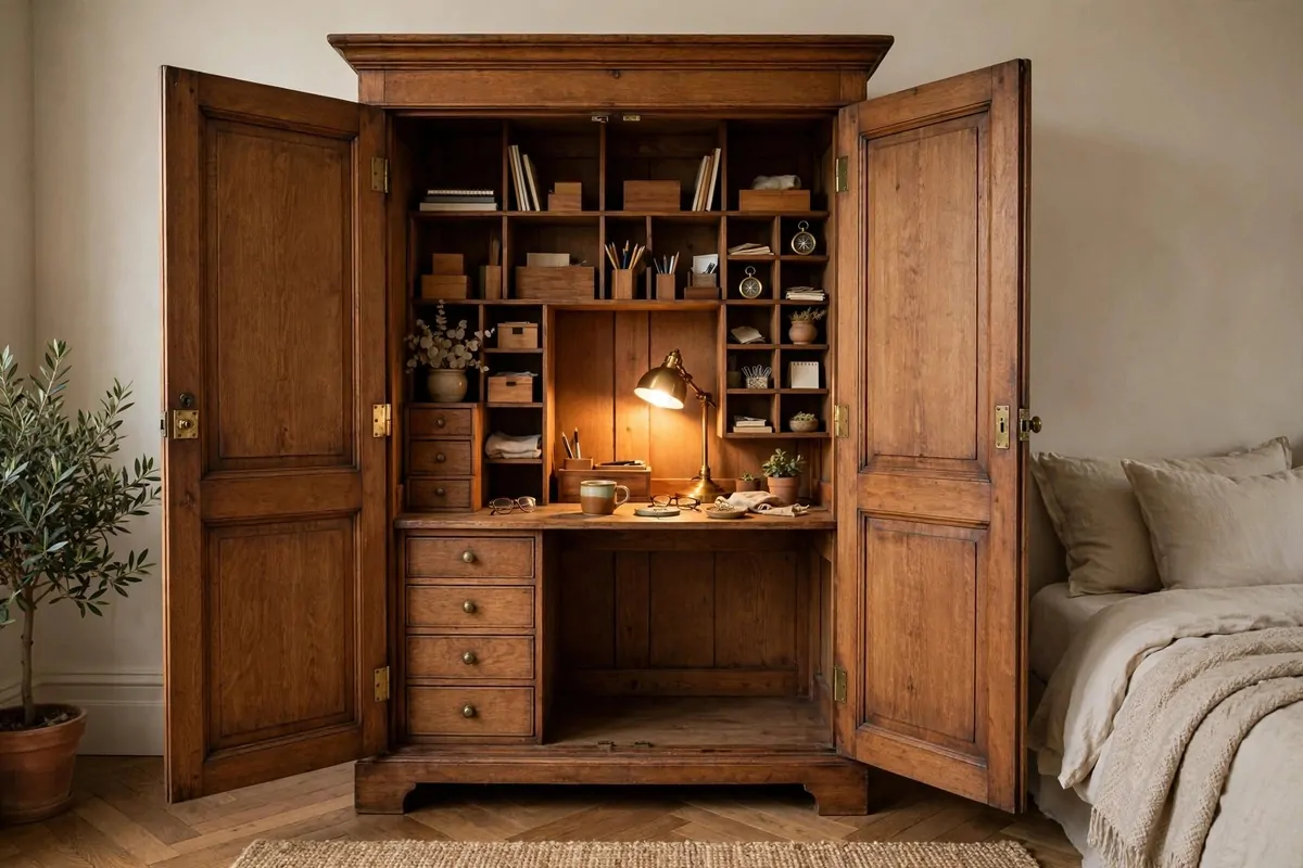 19 Bedroom Closet Office Ideas That Hide Away in Seconds 6 Wooden armoire wardrobe with double doors open revealing a desk workspace with shelves and drawers inside