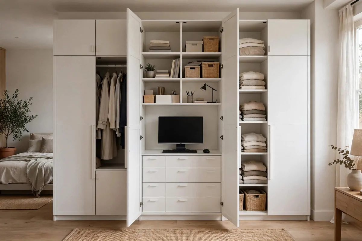19 Bedroom Closet Office Ideas That Hide Away in Seconds 7 Tall white IKEA PAX wardrobe with center doors open showing a built-in desk with computer and drawers inside
