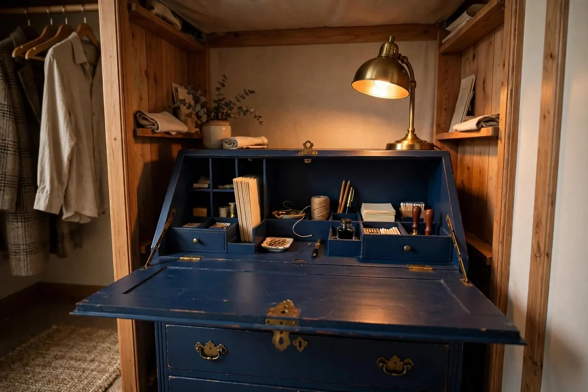 19 Bedroom Closet Office Ideas That Hide Away in Seconds 8 Vintage navy secretary desk with fold-down writing flap open inside a bedroom closet nook