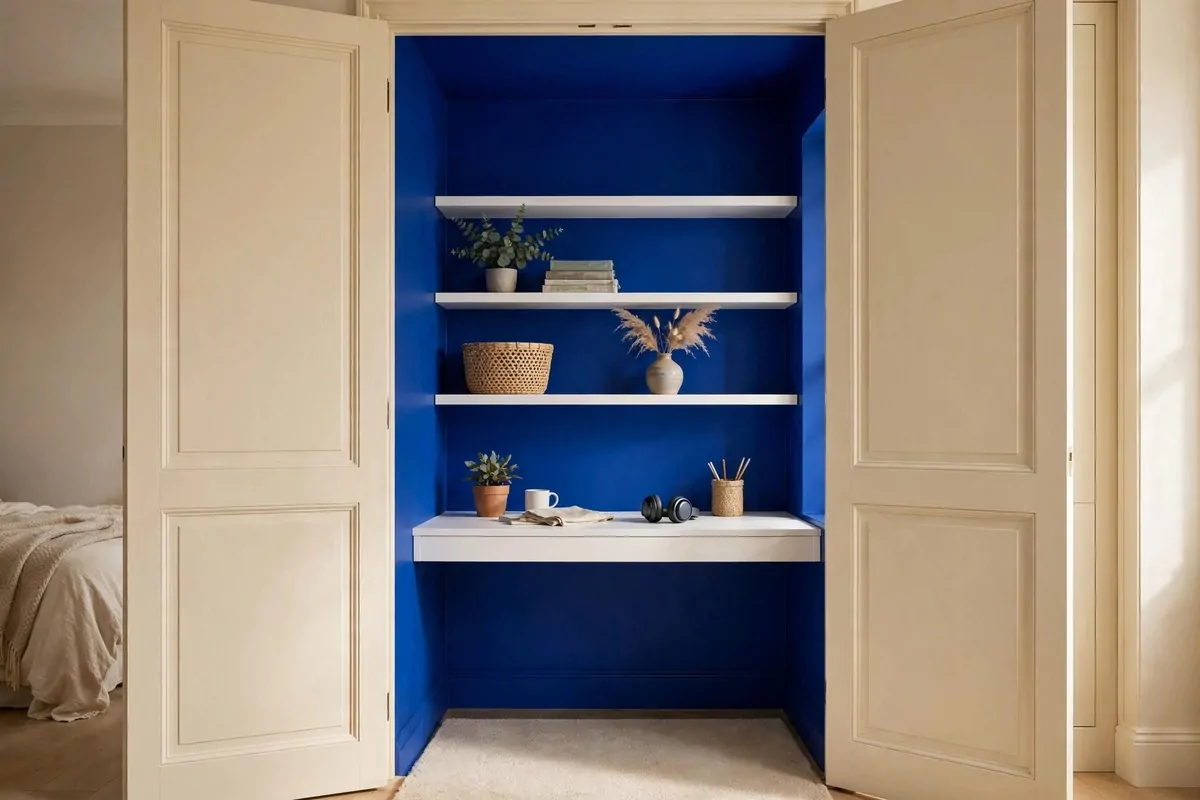 19 Bedroom Closet Office Ideas That Hide Away in Seconds 9 Closet interior painted bold cobalt blue with a white desk and shelves, cream doors standing open
