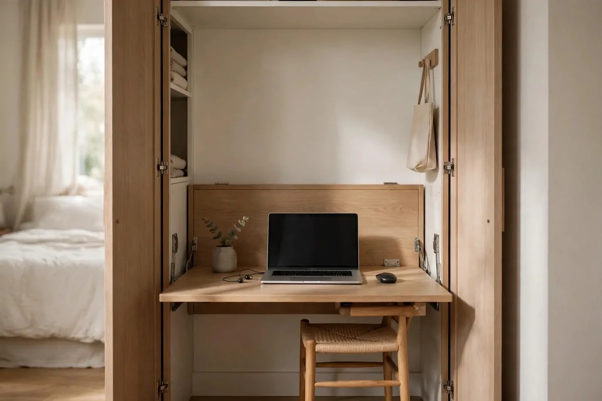 19 Bedroom Closet Office Ideas That Hide Away in Seconds 10 Murphy-style desk folded down from a closet wall with a chair tucked in, compact home office