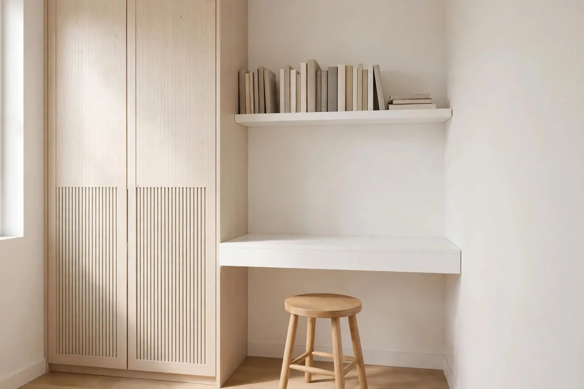 19 Bedroom Closet Office Ideas That Hide Away in Seconds 11 Minimal white floating shelf desk inside a small bedroom closet with a stool tucked under