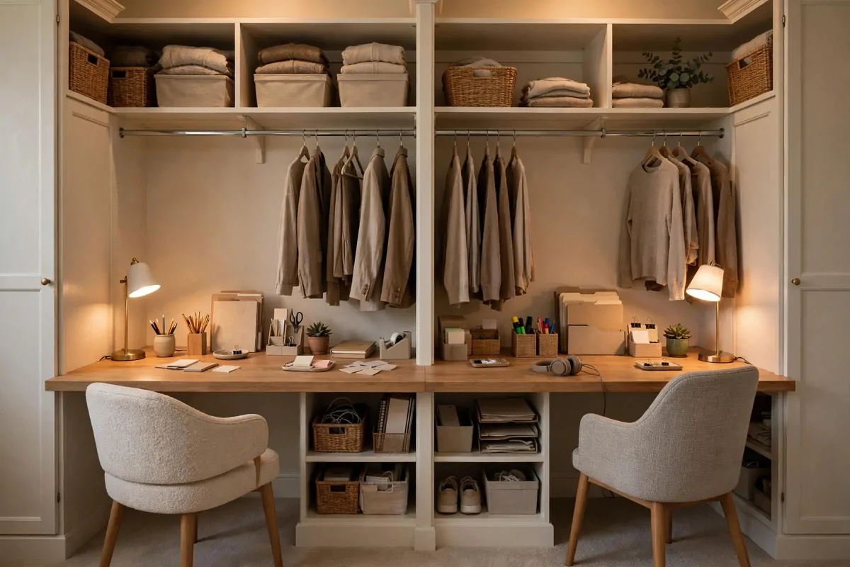 19 Bedroom Closet Office Ideas That Hide Away in Seconds 12 Wide bedroom closet with two desk workstations side by side, each with a lamp and chair