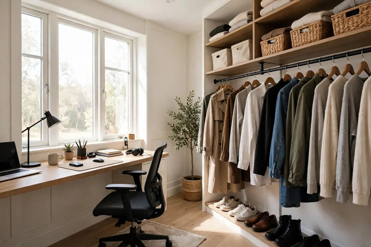 19 Bedroom Closet Office Ideas That Hide Away in Seconds 13 Spacious walk-in closet with a desk on one wall and clothing rails on the other wall