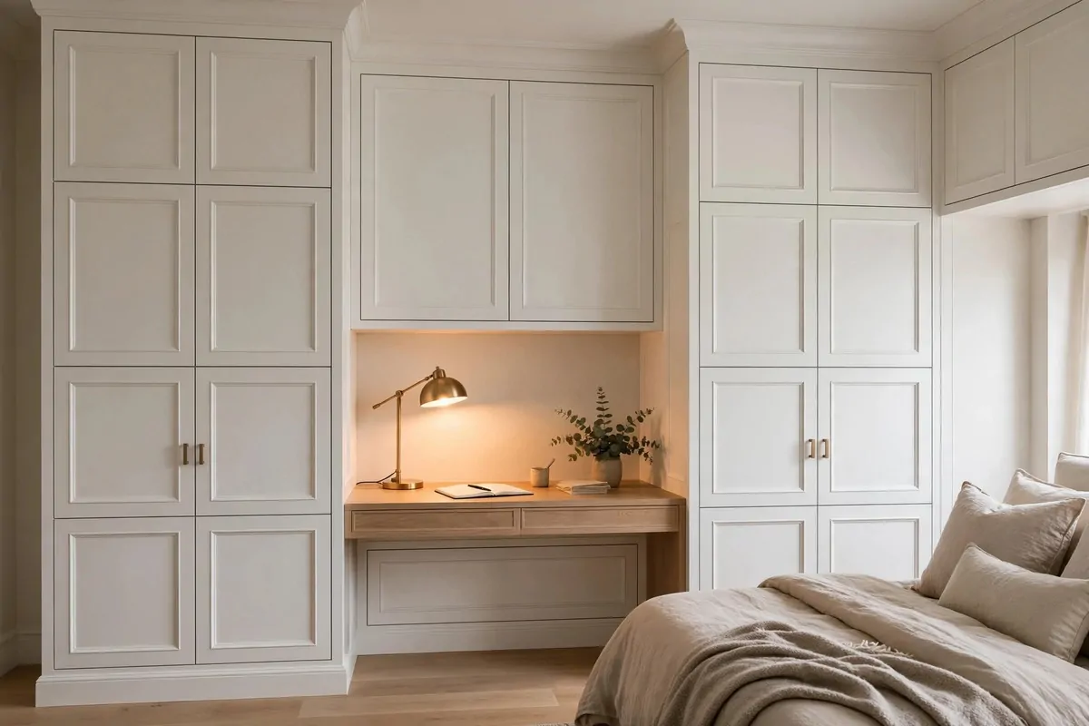 19 Bedroom Closet Office Ideas That Hide Away in Seconds 14 Floor-to-ceiling built-in white cabinets with a center desk nook and closed storage in a bedroom