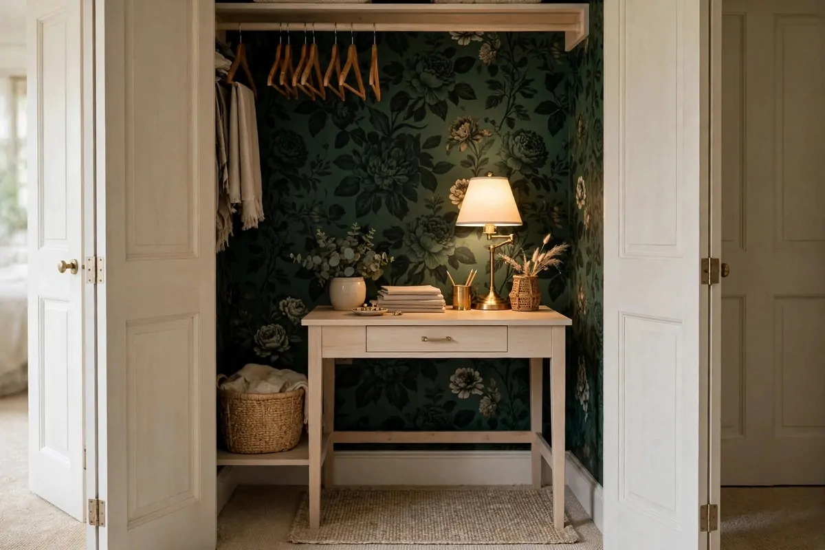 19 Bedroom Closet Office Ideas That Hide Away in Seconds 15 Bedroom closet interior covered in bold floral wallpaper with a wooden desk and brass lamp