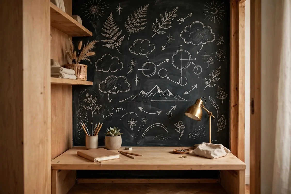19 Bedroom Closet Office Ideas That Hide Away in Seconds 16 Closet office with a chalkboard-painted back wall covered in handwritten notes above a simple desk