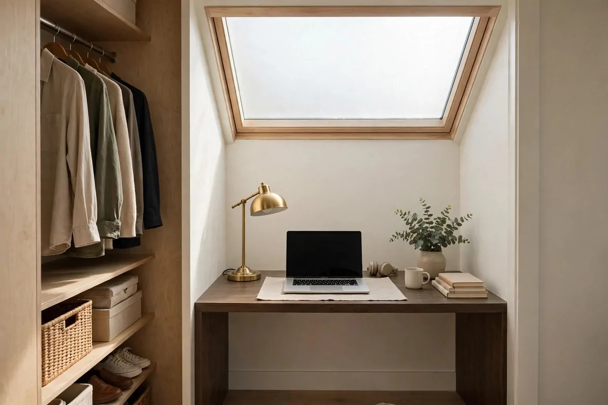 19 Bedroom Closet Office Ideas That Hide Away in Seconds 17 Bedroom closet office with a frosted glass panel above the desk letting in soft natural light