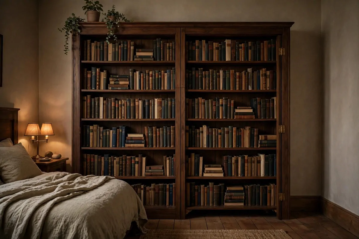 19 Bedroom Closet Office Ideas That Hide Away in Seconds 18 Closed wooden bookcase with books in a bedroom, secretly hiding a closet office behind it