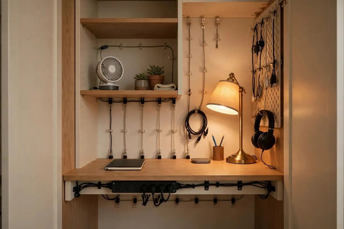 19 Bedroom Closet Office Ideas That Hide Away in Seconds 19 Neatly organized closet desk with hidden cables, a mounted power strip, and a small fan on the shelf