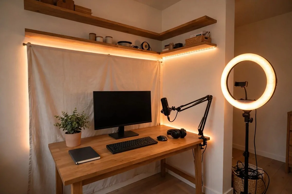 19 Content Creator Studio Setups for Every Budget 2 Closet converted into a podcast studio with clothes as natural sound panels