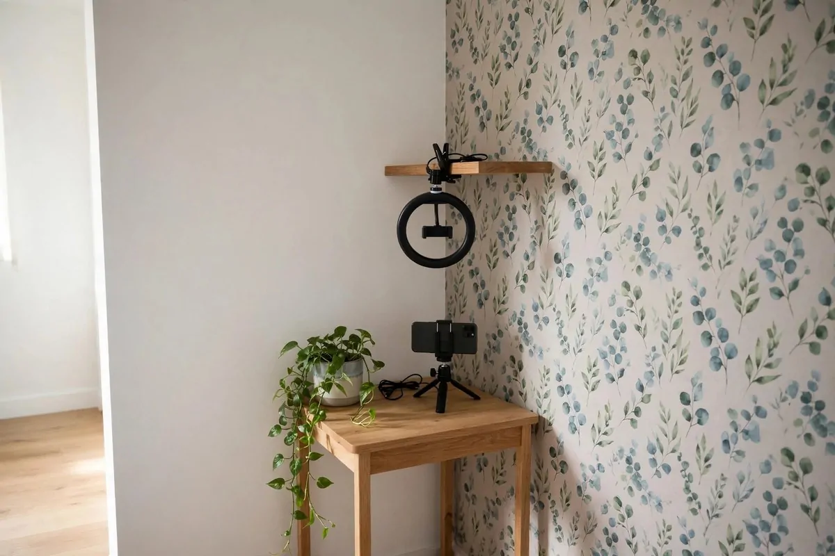 19 Content Creator Studio Setups for Every Budget 1 Cozy corner studio nook with a small desk, clip-on ring light and plant