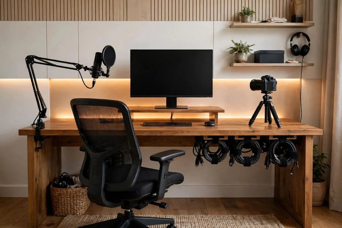 19 Content Creator Studio Setups for Every Budget 4 Phone on a tripod with a ring light in a phone-first studio under $100
