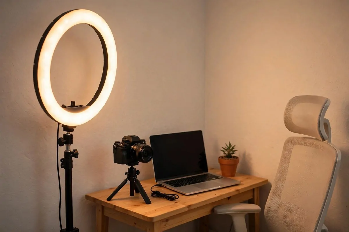 19 Content Creator Studio Setups for Every Budget 7 Ring light glowing on a small creator desk setup