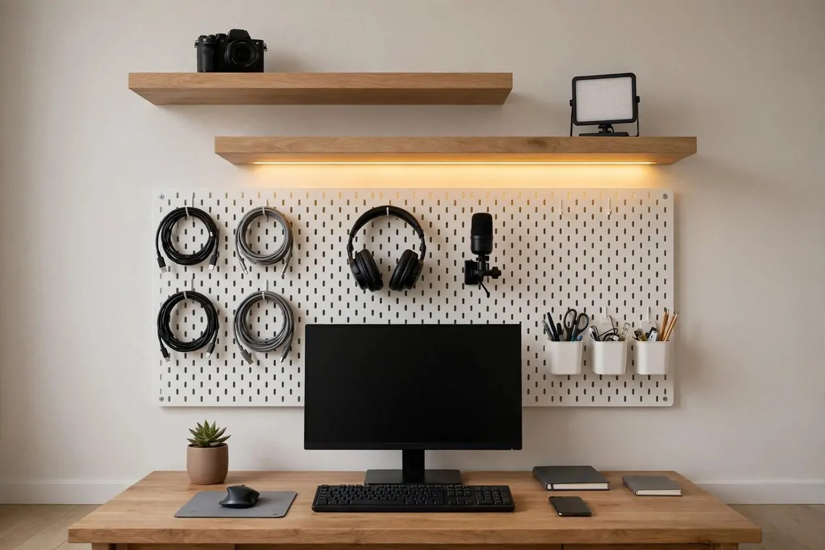 19 Content Creator Studio Setups for Every Budget 8 Pegboard gear wall with hooks holding headphones, cables and mic
