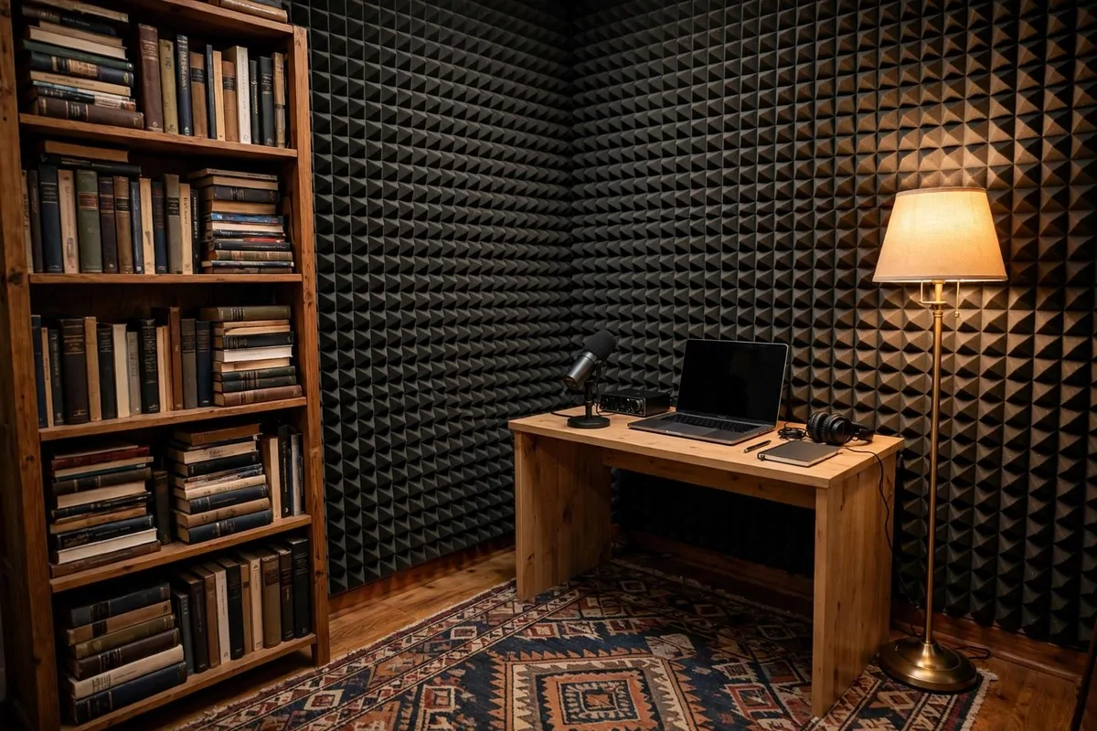 19 Content Creator Studio Setups for Every Budget 11 Standing desk nook with clamped mic boom arm and monitor arm