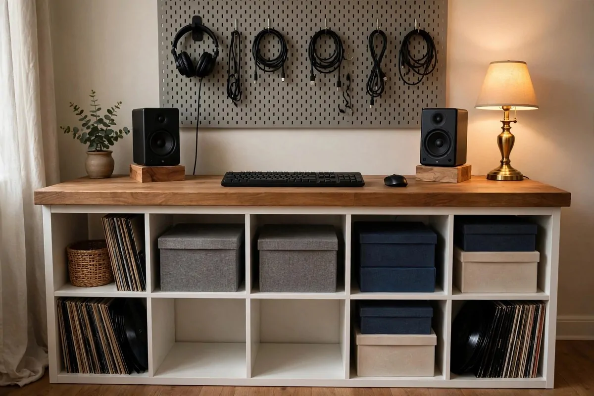 19 Content Creator Studio Setups for Every Budget 12 Two-person podcast corner with a small table and two microphones