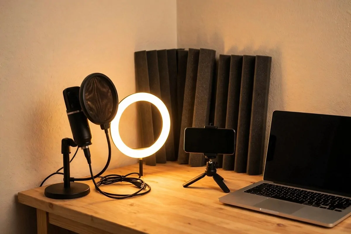 19 Content Creator Studio Setups for Every Budget 6 $500 starter kit corner with USB mic, ring light and foam panels