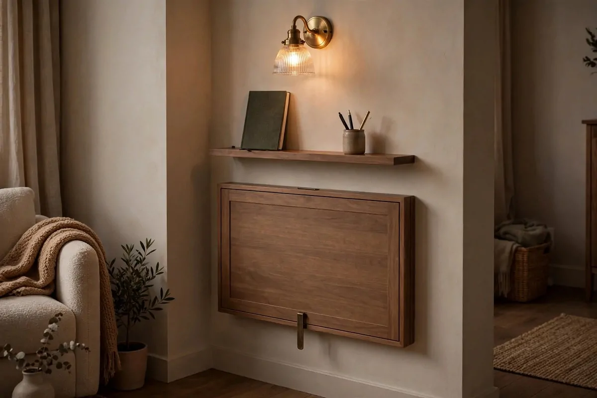 Fold-down wall desk closed flat against a living room corner wall, with a small shelf and warm wall sconce above