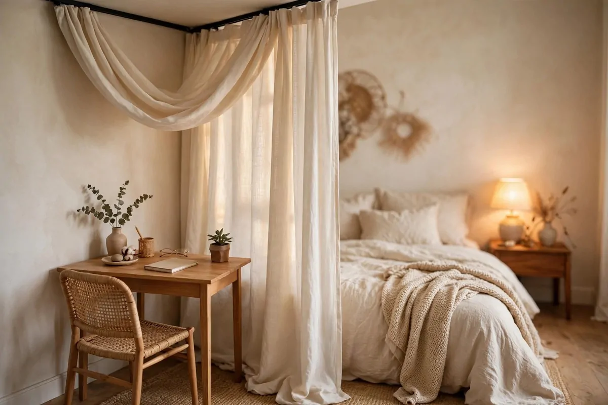 Bedroom corner office with a small desk and a soft linen curtain divider, warm bedside lamp glowing nearby