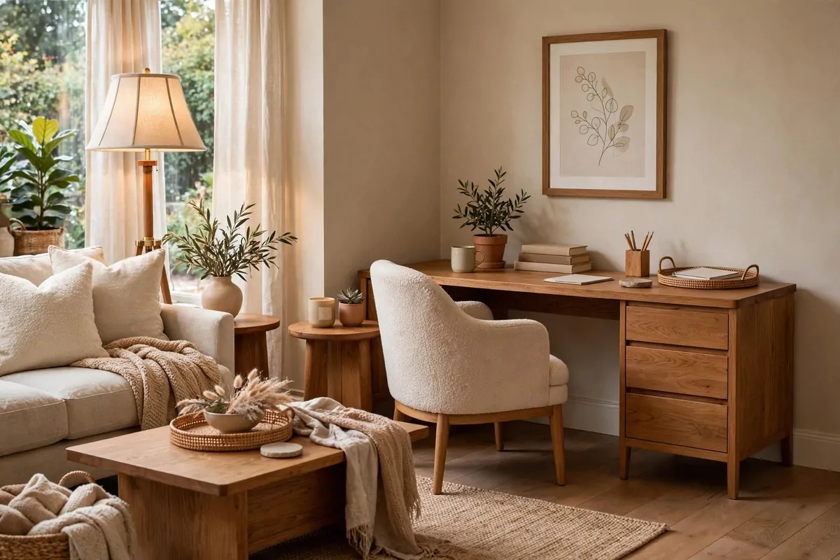Living room corner office with a wooden desk that matches the sofa side tables, a cozy armchair and a floor lamp with warm light