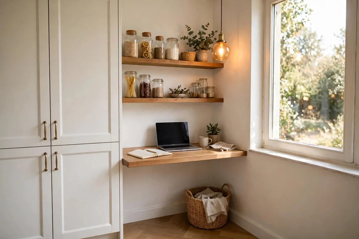 Kitchen corner work nook with a small counter-height desk beside a window, open shelves with jars and a warm pendant light