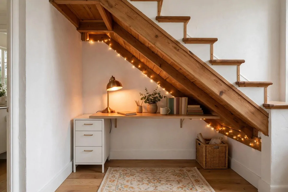 Office tucked under a staircase with a custom-fit desk, warm string lights and light colored walls