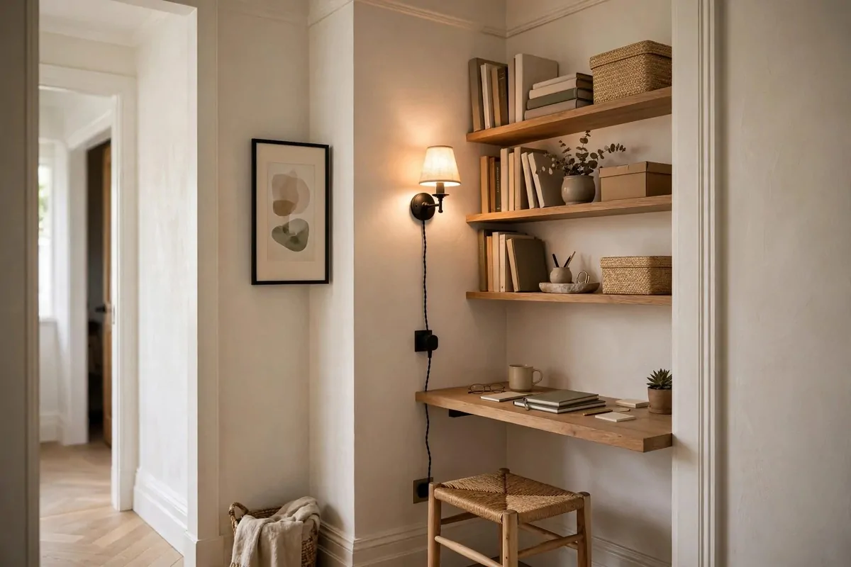 Narrow hallway landing corner with a slim wall-mounted desk, a small stool and a framed print on the wall