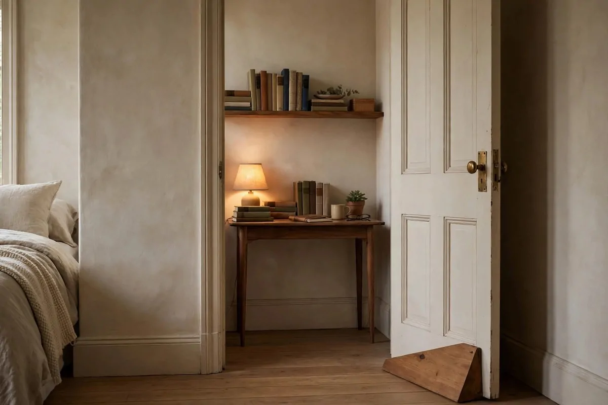 Small desk tucked into the corner behind an open bedroom door, with a wall shelf and a soft glowing lamp