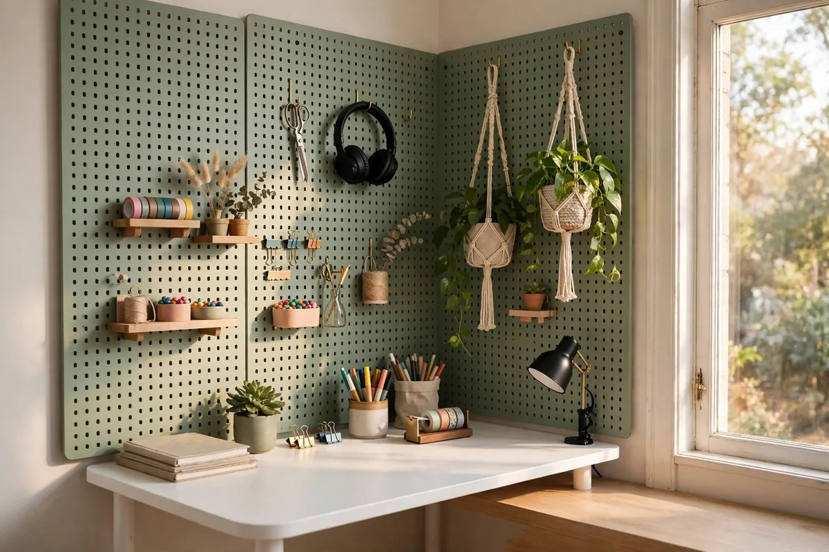 Corner office with a large pegboard wall holding shelves, plants and office supplies above a compact desk