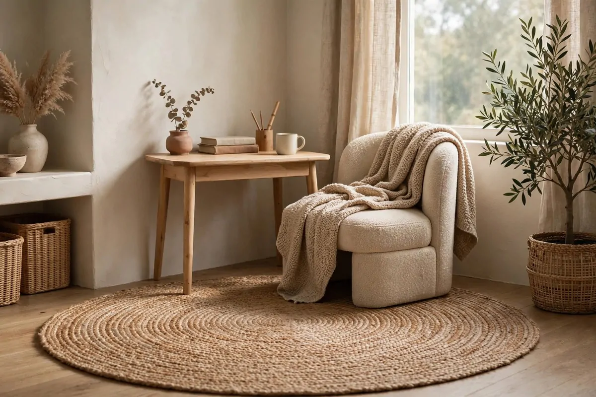 Corner office nook defined by a round jute rug under a small desk and chair, warm textures and soft daylight