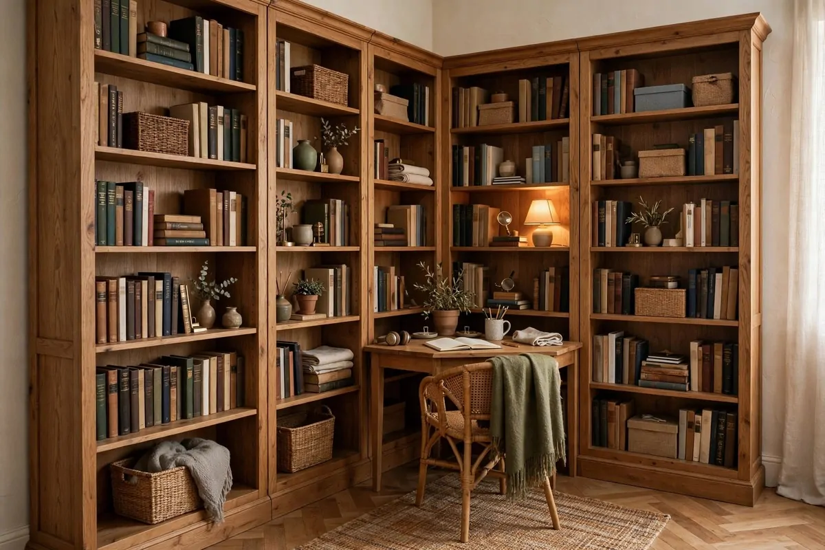Cozy office nook formed by two tall bookcases meeting in a corner, with a small desk between them and warm lamplight